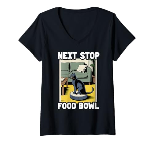 Damen Next Stop Futternapf Roboter Staubsauger Lustige Katze T-Shirt mit V-Ausschnitt von Funny Cat Designs