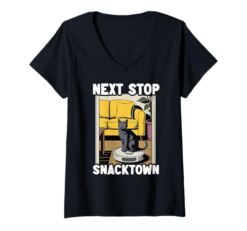 Damen Next Stop Snacktown Saugroboter Funny Cat T-Shirt mit V-Ausschnitt von Funny Cat Designs