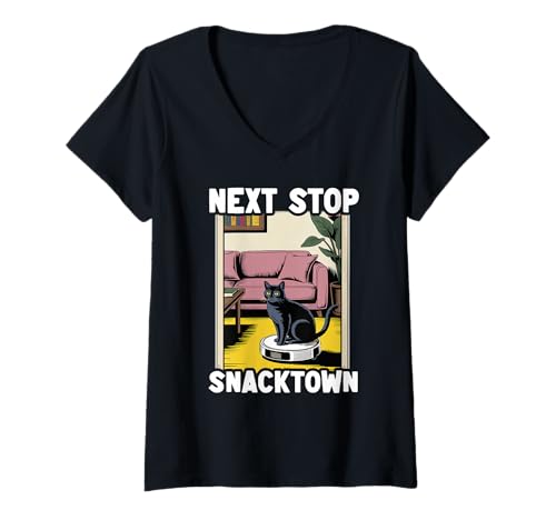 Damen Next Stop Snacktown Saugroboter Funny Cat T-Shirt mit V-Ausschnitt von Funny Cat Designs