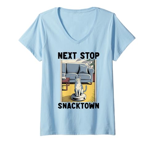 Damen Next Stop Snacktown Saugroboter Funny Cat T-Shirt mit V-Ausschnitt von Funny Cat Designs