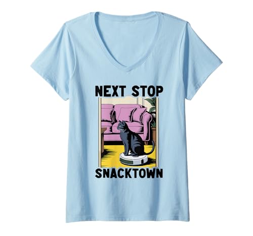 Damen Next Stop Snacktown Saugroboter Funny Cat T-Shirt mit V-Ausschnitt von Funny Cat Designs