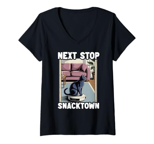 Damen Next Stop Snacktown Saugroboter Funny Cat T-Shirt mit V-Ausschnitt von Funny Cat Designs