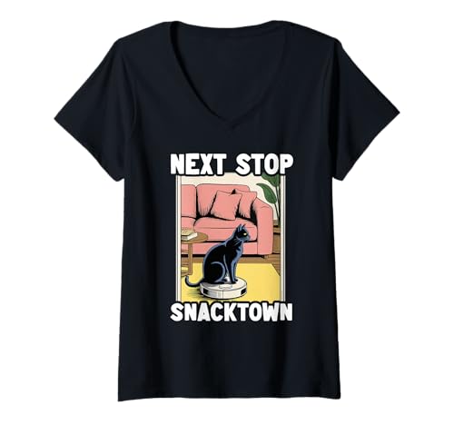 Damen Next Stop Snacktown Saugroboter Funny Cat T-Shirt mit V-Ausschnitt von Funny Cat Designs