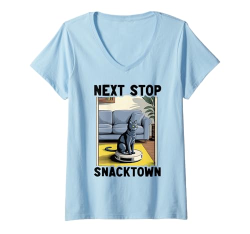 Damen Next Stop Snacktown Saugroboter Funny Cat T-Shirt mit V-Ausschnitt von Funny Cat Designs