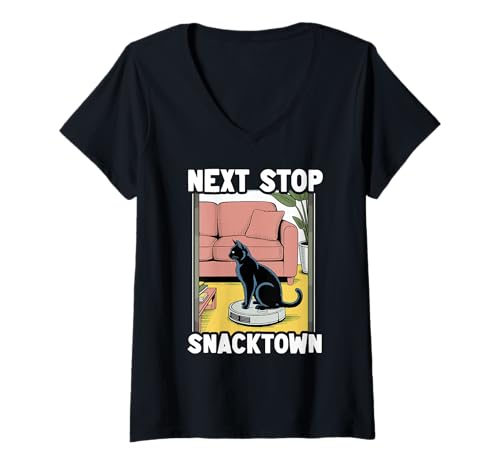Damen Next Stop Snacktown Saugroboter Funny Cat T-Shirt mit V-Ausschnitt von Funny Cat Designs