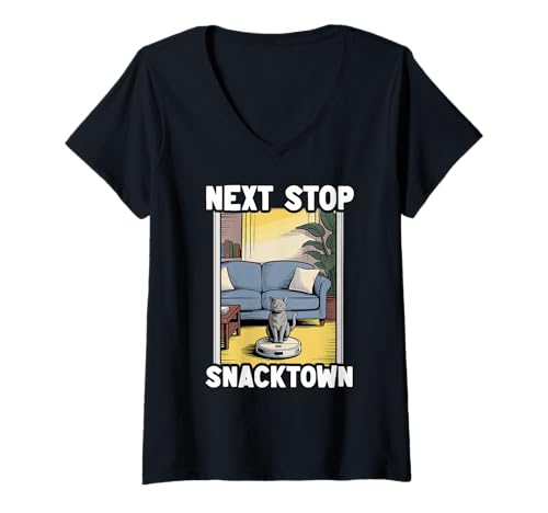 Damen Next Stop Snacktown Saugroboter Funny Cat T-Shirt mit V-Ausschnitt von Funny Cat Designs