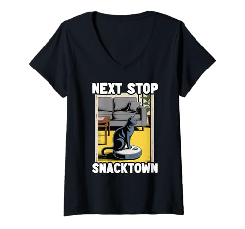 Damen Next Stop Snacktown Saugroboter Funny Cat T-Shirt mit V-Ausschnitt von Funny Cat Designs