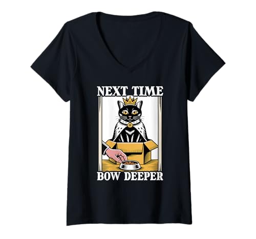 Damen Next Time Bow Deeper Cat In Box Futternapf Lustige Katze T-Shirt mit V-Ausschnitt Damen Next Time Bow Deeper Cat In Box Futternapf Lustige Katze T-Shirt mit V-Ausschnitt von Funny Cat Designs