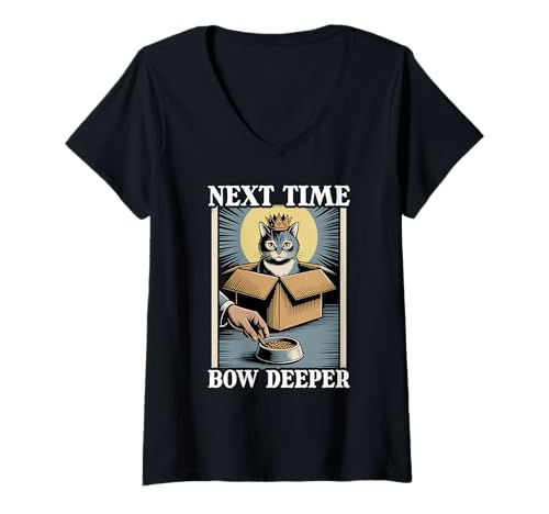 Damen Next Time Bow Deeper Cat In Box Futternapf Lustige Katze T-Shirt mit V-Ausschnitt von Funny Cat Designs