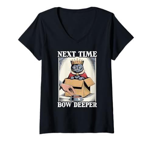 Damen Next Time Bow Deeper Cat In Box Futternapf Lustige Katze T-Shirt mit V-Ausschnitt von Funny Cat Designs