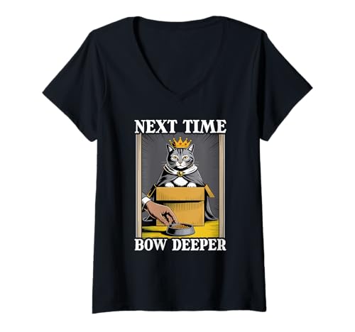 Damen Next Time Bow Deeper Cat In Box Futternapf Lustige Katze T-Shirt mit V-Ausschnitt von Funny Cat Designs