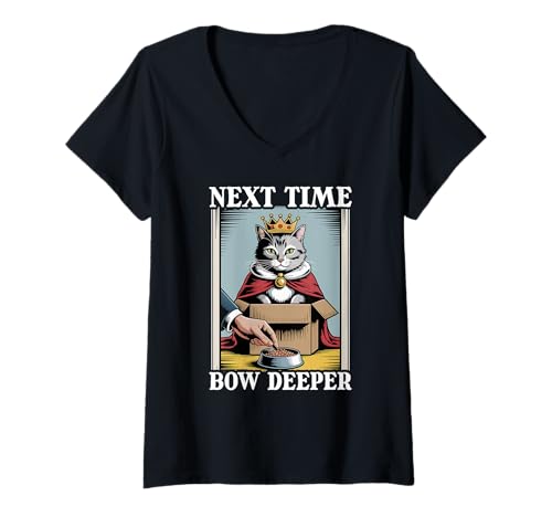 Damen Next Time Bow Deeper Cat In Box Futternapf Lustige Katze T-Shirt mit V-Ausschnitt von Funny Cat Designs