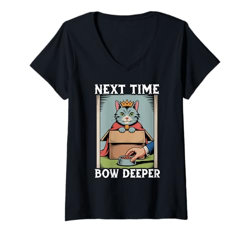 Damen Next Time Bow Deeper Cat In Box Futternapf Lustige Katze T-Shirt mit V-Ausschnitt von Funny Cat Designs