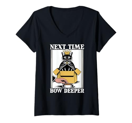 Damen Next Time Bow Deeper Cat In Box Futternapf Lustige Katze T-Shirt mit V-Ausschnitt von Funny Cat Designs