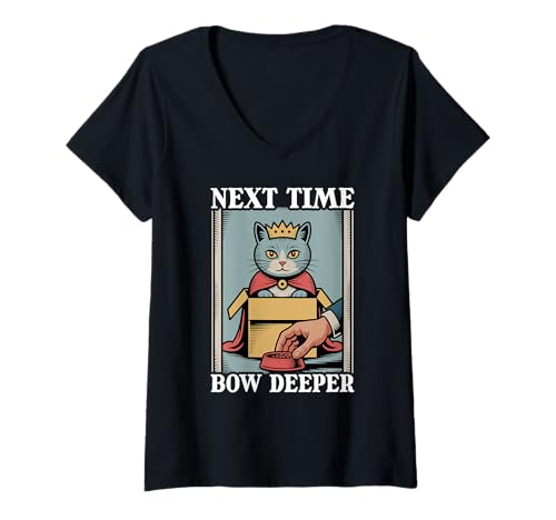 Damen Next Time Bow Deeper Cat In Box Futternapf Lustige Katze T-Shirt mit V-Ausschnitt von Funny Cat Designs
