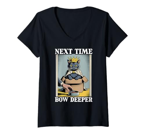 Damen Next Time Bow Deeper Cat In Box Futternapf Lustige Katze T-Shirt mit V-Ausschnitt von Funny Cat Designs