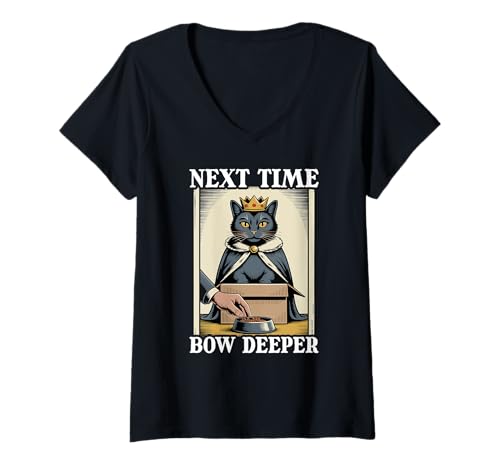 Damen Next Time Bow Deeper Cat In Box Futternapf Lustige Katze T-Shirt mit V-Ausschnitt von Funny Cat Designs