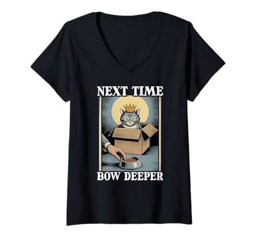 Damen Next Time Bow Deeper Cat In Box Futternapf Lustige Katze T-Shirt mit V-Ausschnitt von Funny Cat Designs
