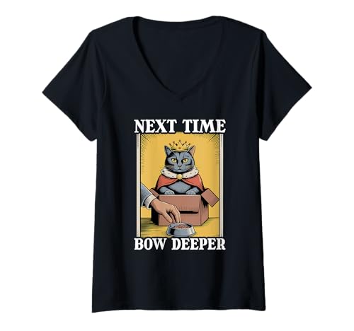 Damen Next Time Bow Deeper Cat In Box Futternapf Lustige Katze T-Shirt mit V-Ausschnitt von Funny Cat Designs