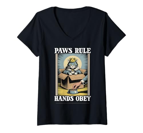 Damen Paws Rule Hands Obey Cat In Box Futternapf Lustige Katze T-Shirt mit V-Ausschnitt von Funny Cat Designs