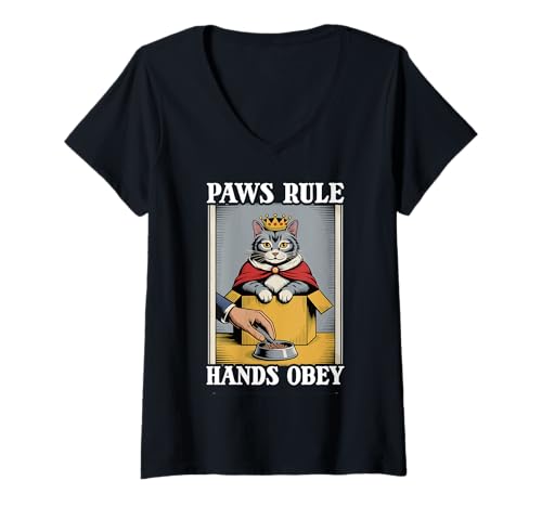 Damen Paws Rule Hands Obey Cat In Box Futternapf Lustige Katze T-Shirt mit V-Ausschnitt von Funny Cat Designs