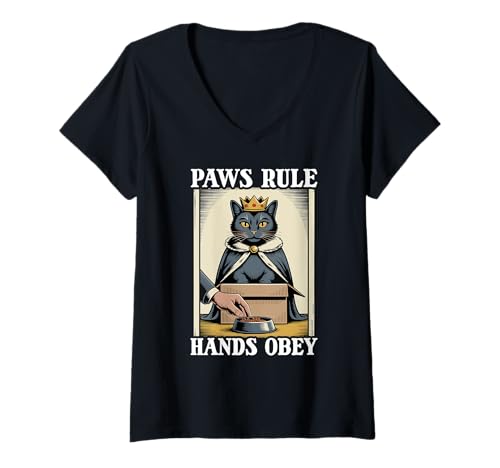 Damen Paws Rule Hands Obey Cat In Box Futternapf Lustige Katze T-Shirt mit V-Ausschnitt von Funny Cat Designs