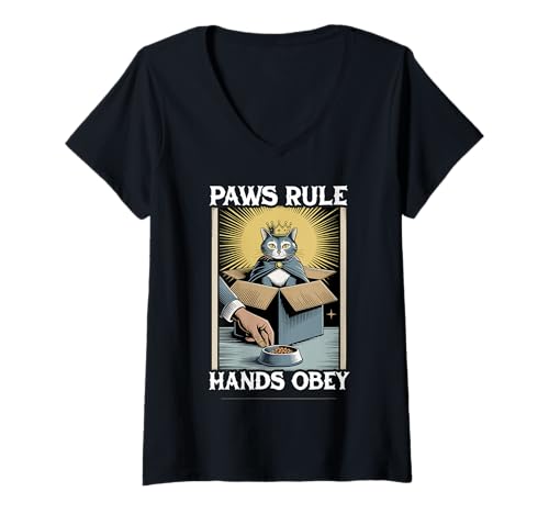 Damen Paws Rule Hands Obey Cat In Box Futternapf Lustige Katze T-Shirt mit V-Ausschnitt von Funny Cat Designs