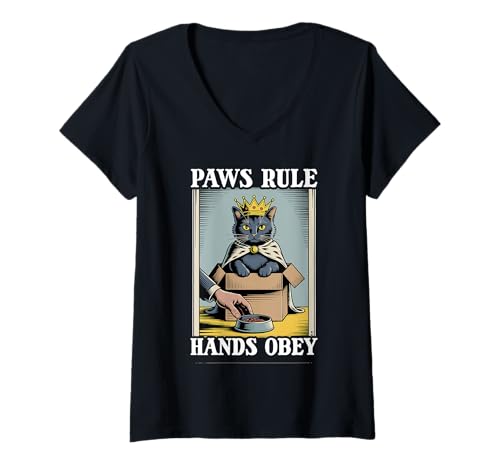 Damen Paws Rule Hands Obey Cat In Box Futternapf Lustige Katze T-Shirt mit V-Ausschnitt von Funny Cat Designs