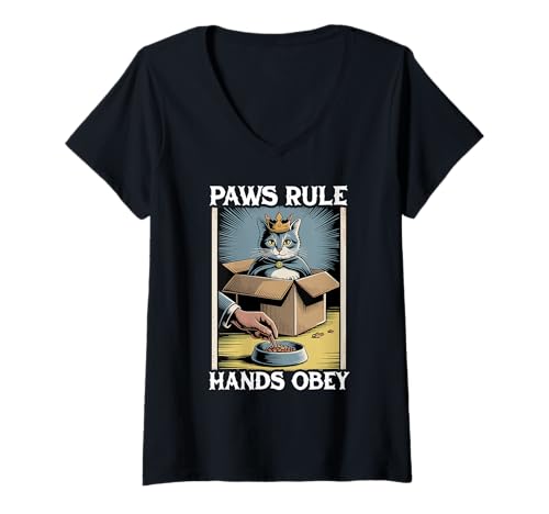 Damen Paws Rule Hands Obey Cat In Box Futternapf Lustige Katze T-Shirt mit V-Ausschnitt von Funny Cat Designs