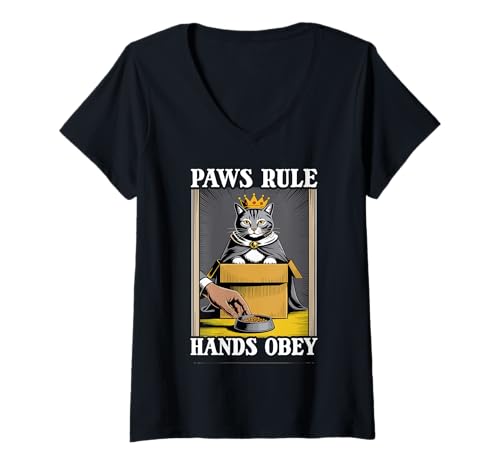 Damen Paws Rule Hands Obey Cat In Box Futternapf Lustige Katze T-Shirt mit V-Ausschnitt von Funny Cat Designs