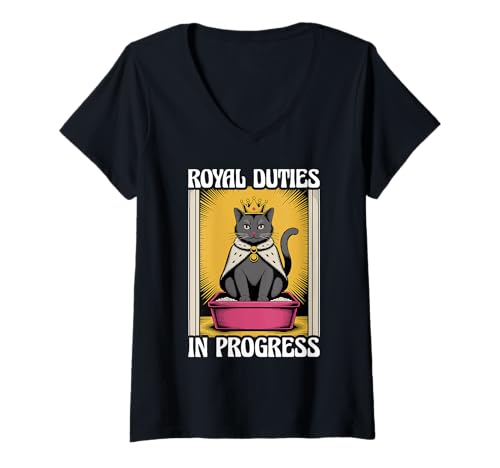 Damen Royal Duties In Progress Süße Katzentoilette Lustige Katze T-Shirt mit V-Ausschnitt von Funny Cat Designs