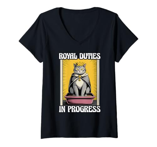 Damen Royal Duties In Progress Süße Katzentoilette Lustige Katze T-Shirt mit V-Ausschnitt von Funny Cat Designs