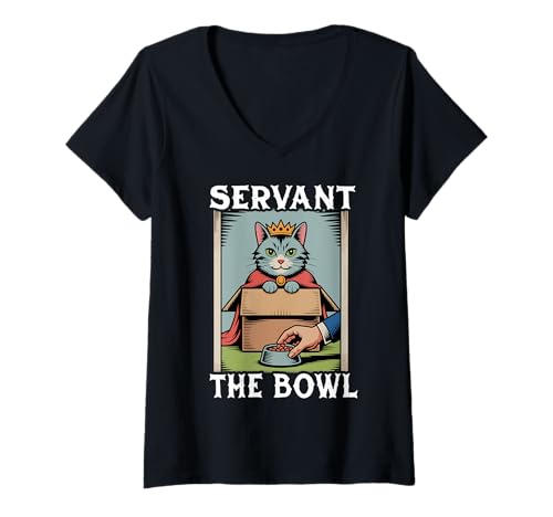 Damen Servant The Bowl Cat In Box Futternapf Lustige Katze T-Shirt mit V-Ausschnitt von Funny Cat Designs