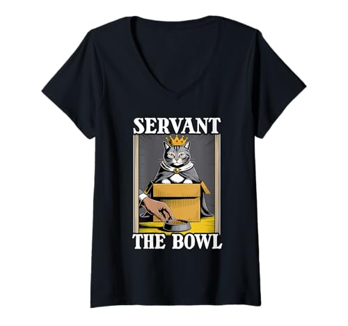 Damen Servant The Bowl Cat In Box Futternapf Lustige Katze T-Shirt mit V-Ausschnitt von Funny Cat Designs