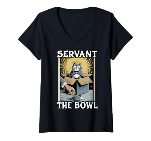Damen Servant The Bowl Cat In Box Futternapf Lustige Katze T-Shirt mit V-Ausschnitt von Funny Cat Designs