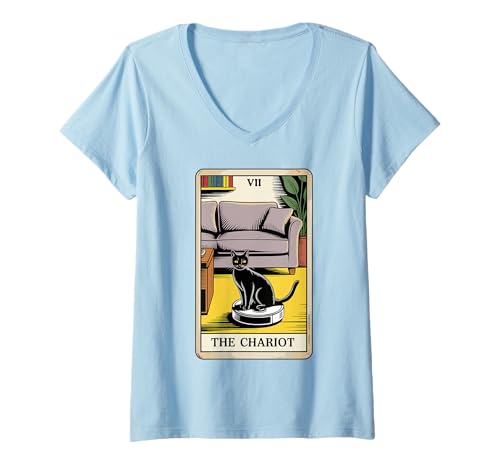 Damen The Chariot Roboter Staubsauger Katze Lustige Tarotkarte Katze T-Shirt mit V-Ausschnitt von Funny Cat Designs