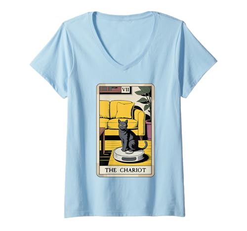 Damen The Chariot Roboter Staubsauger Katze Lustige Tarotkarte Katze T-Shirt mit V-Ausschnitt von Funny Cat Designs