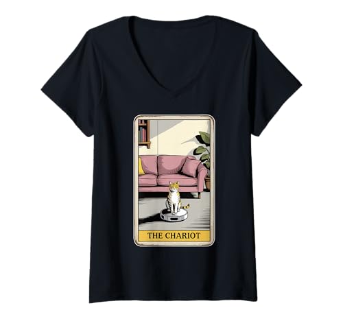 Damen The Chariot Roboter Staubsauger Katze Lustige Tarotkarte Katze T-Shirt mit V-Ausschnitt von Funny Cat Designs