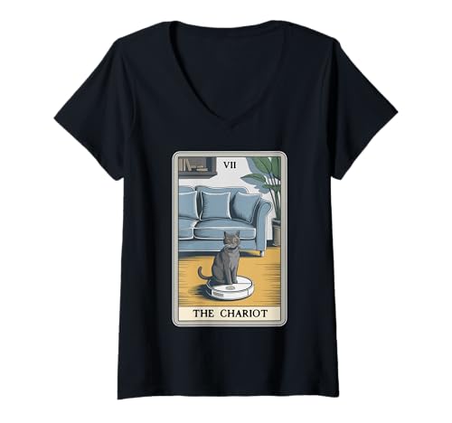 Damen The Chariot Roboter Staubsauger Katze Lustige Tarotkarte Katze T-Shirt mit V-Ausschnitt von Funny Cat Designs
