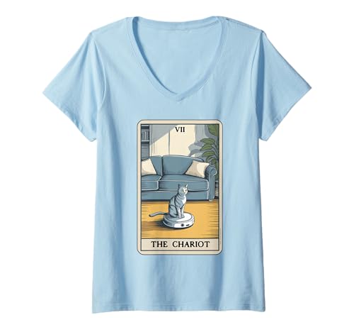 Damen The Chariot Roboter Staubsauger Katze Lustige Tarotkarte Katze T-Shirt mit V-Ausschnitt von Funny Cat Designs