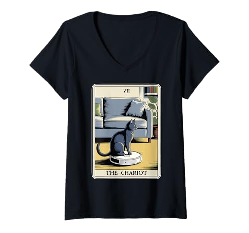 Damen The Chariot Roboter Staubsauger Katze Lustige Tarotkarte Katze T-Shirt mit V-Ausschnitt von Funny Cat Designs