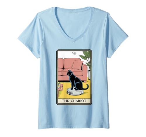 Damen The Chariot Roboter Staubsauger Katze Lustige Tarotkarte Katze T-Shirt mit V-Ausschnitt von Funny Cat Designs