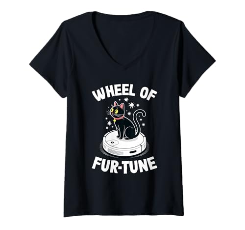 Damen Wheel of Fur-Tune Cat On Roboter-Staubsauger Cat T-Shirt mit V-Ausschnitt von Funny Cat Designs
