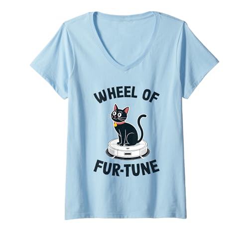 Damen Wheel of Fur-Tune Cat On Roboter-Staubsauger Cat T-Shirt mit V-Ausschnitt von Funny Cat Designs