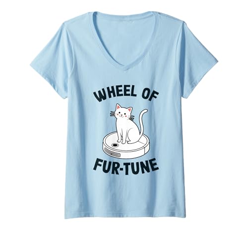 Damen Wheel of Fur-Tune Cat On Roboter-Staubsauger Cat T-Shirt mit V-Ausschnitt von Funny Cat Designs