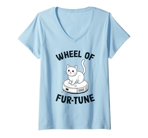 Damen Wheel of Fur-Tune Cat On Roboter-Staubsauger Cat T-Shirt mit V-Ausschnitt von Funny Cat Designs