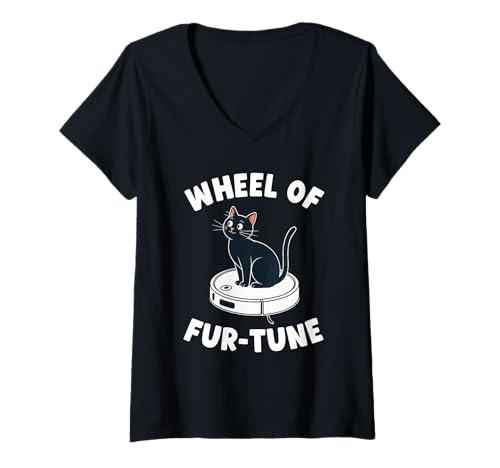 Damen Wheel of Fur-Tune Cat On Roboter-Staubsauger Cat T-Shirt mit V-Ausschnitt von Funny Cat Designs