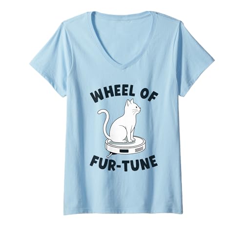 Damen Wheel of Fur-Tune Cat On Roboter-Staubsauger Cat T-Shirt mit V-Ausschnitt von Funny Cat Designs