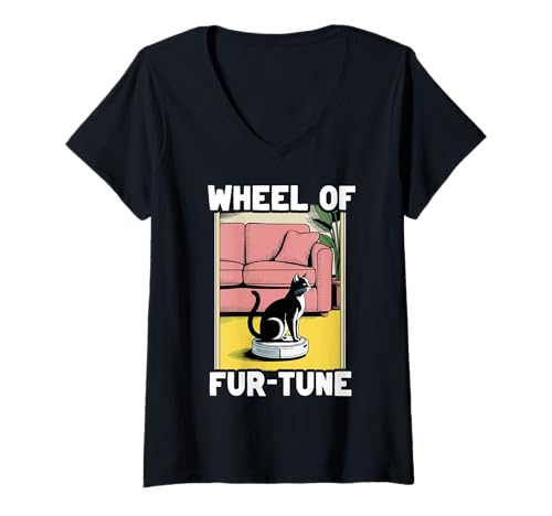 Damen Wheel of Fur-Tune Cat On Roboter-Staubsauger Cat T-Shirt mit V-Ausschnitt von Funny Cat Designs