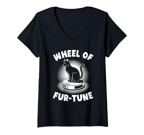 Damen Wheel of Fur-Tune Cat On Roboter-Staubsauger Cat T-Shirt mit V-Ausschnitt von Funny Cat Designs
